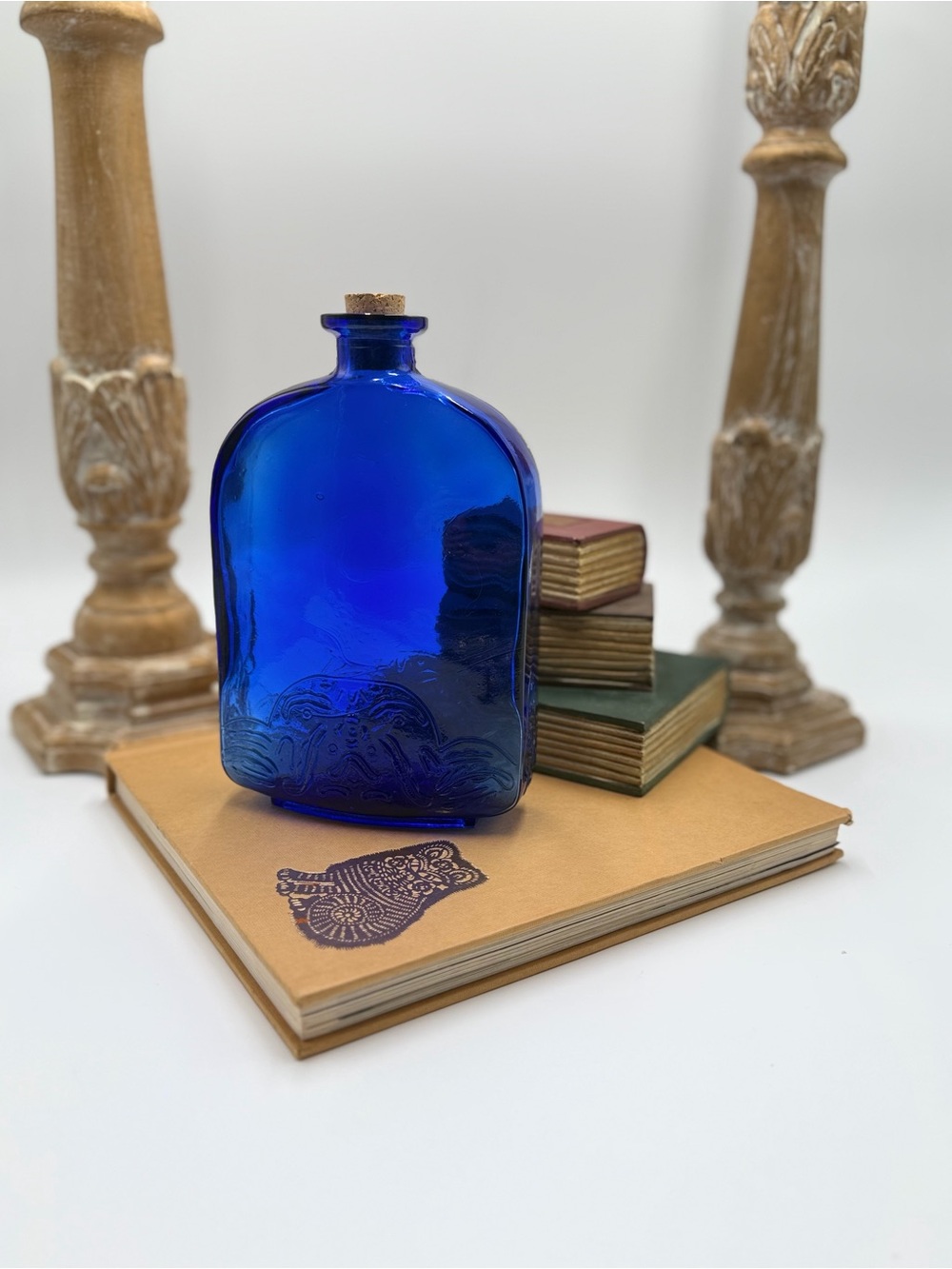 Cobalt Blue Decorative Glass Bottle with Embossed Design